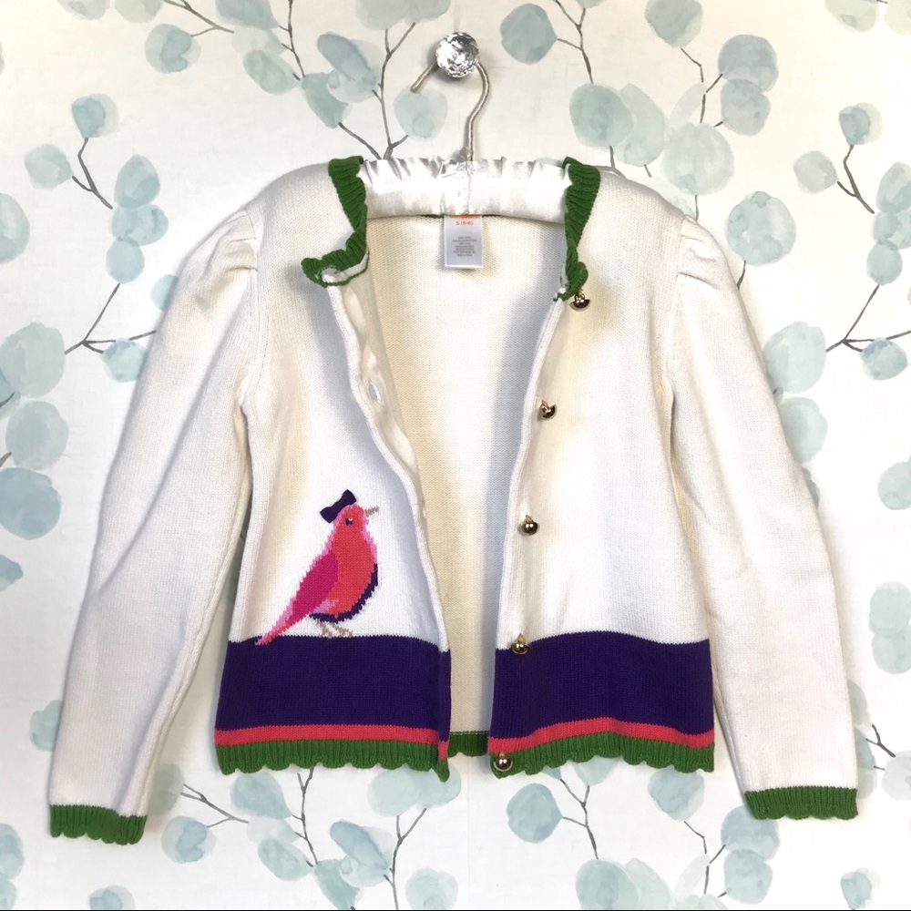 Gymboree Kids Cream Cardigan Knit Sweater Gold Buttons, Pink Bird & Purple Bow - Picture 13 of 13